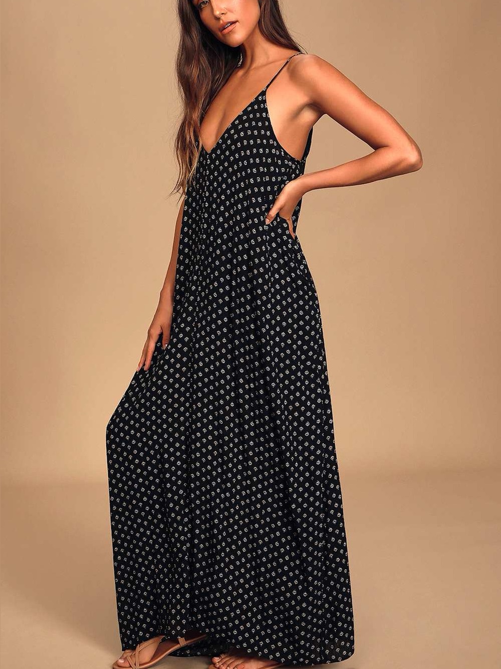 Lulus NWT Yours Tule Black Floral Print Pocket Slips Maxi Dress V-Neck